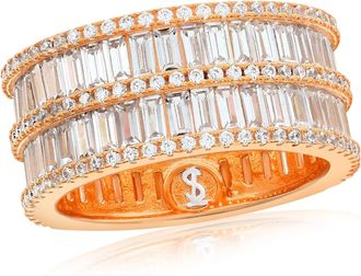 Suzy Levian Rose Sterling Silver Cubic Zirconia Double Row White Baguette and Round Cut Wide Eternity Band
