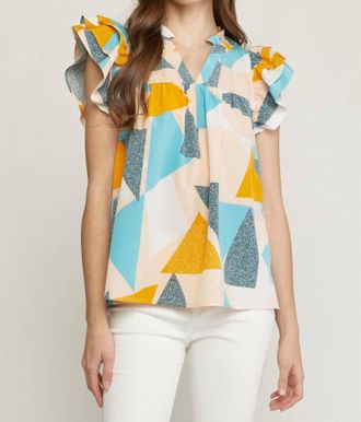 Entro Geometric Ruffle Sleeve Top In Jade