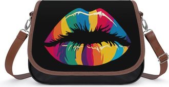 Generic LGBT Rainbow Lips Crossbody Bag Womens Handbag PU Message Bags Shoulder Purse with Adjustable Strap