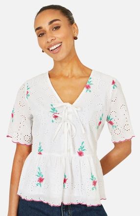 Yumi Broderie Anglaise Embroidered Tie Top in White at Nordstrom, Size 12