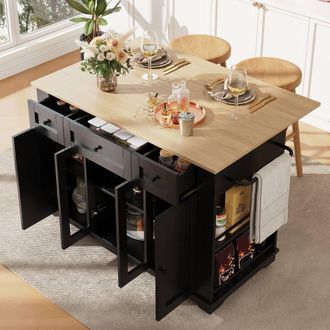 Merax Rolling Kitchen Island Storage Trolley with Glass Doors & 3 Drawers in Black