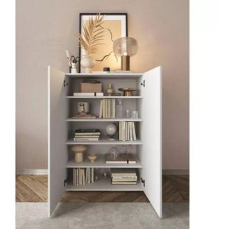 Dmora Aparador Itala, Gabinete Con 4 Estantes, 5 Compartimentos, 2 Puertas, 78x36x115.5h Cm Blanco Brillante