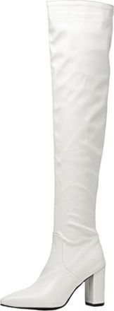 Generic Womens Over-The-Knee Stiletto Boots Shiny Patent Leather Pointed Toe Chunky Block Heel Elastic Fit Stylish Evening Party Cocktail Dress Outfits,White,