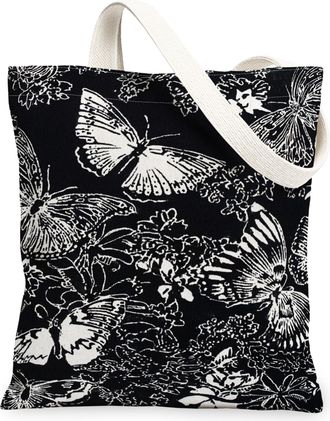 Generic Butterfly Floral Canvas Tote, Vintage Design Reusable Grocery Bags, Lightweight Washable Shoulder Strap Bags for Travel Bea, Black, 13x15 Inch