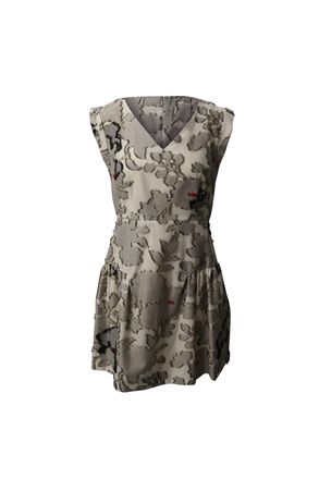 Paule Ka Floral V-Neck Dress with Fur Applique in Grey Cotton