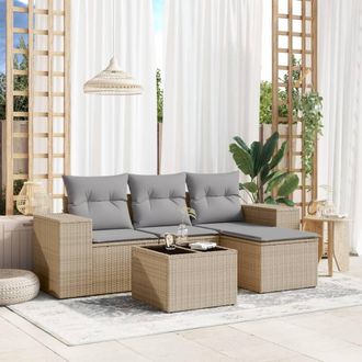 vidaXL Juego De Sof&aacute;s Jard&iacute;n Con Cojines 5 Pzas Rat&aacute;n Sint&eacute;tico Beige Vidaxl