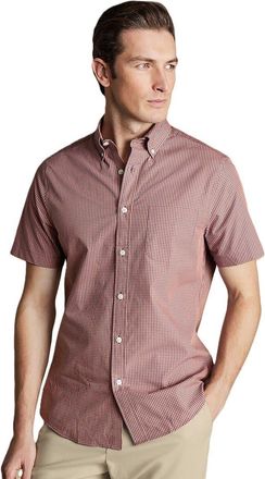 CHARLES TYRWHITT Slim Fit Light Button-Down Collar Non-Iron Stretch Poplin Mini Gingham Short Sleeve Shirt in Light Coral Pink at Nordstrom, Size