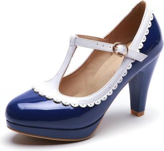 Generic Womens Glossy Patent Leather T-Strap Heels with Two-Tone Color, for Office, Party and Daily Wear,Dark Blue,7.5 UK