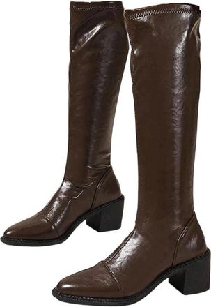 Generic Women Knee High Pu Leather Boots Thick Heel Pointed Toe Winter Holiday Party Casual Boot