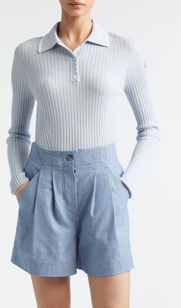 Moncler Long Sleeve Virgin Wool Polo in Light Blue at Nordstrom, Size Xx-Large