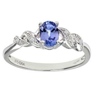Diamant L'éternel Womens 9ct White Gold Oval Tanzanite Ring with Pave Set Diamond Twist Shoulders - Size L