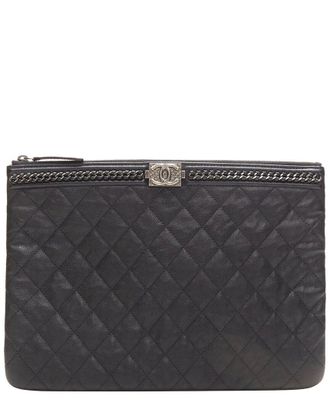 Chanel Large Boy O Case Quilted Leather Chain Trim T Pouch Clutch Bag (Authentic Pre-Loved)
