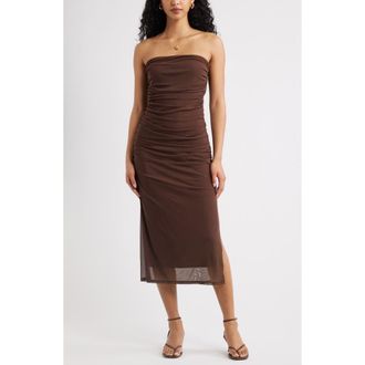 Open Edit Ruched Strapless Mesh Dress in Brown Terra at Nordstrom, Size Xx-Small