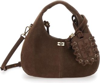 Ganni Brown Handbag With Adjustable Shoulder Strap And Hanging Mirror On The Front In Suede Woman