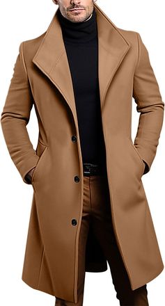 Generic Mens Coat Wool Long Trench Coat with Pocket Casual Single Breasted Notched Lapel Collar Winter Plain Jacket Business Outdoor Office Jackets for Men Uk