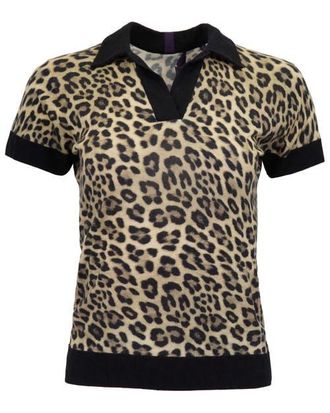 Lords of Harlech Leopard Womens Merino Silk Cashmere Polo in Leopard Brown at Nordstrom, Size Xx-Large