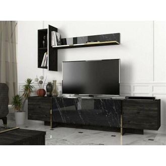 Dmora Dmora - Mueble De Televisi&oacute;n Neptura, Aparador De Sal&oacute;n, Mueble Bajo Para Tv, Base De Pared Equipada, 180x32h45 Cm, Negro Y Oro, Con Embalaje Reforzad