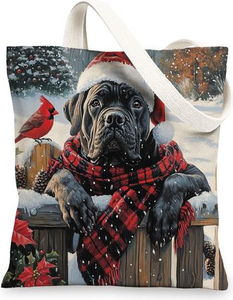 Generic Christmas Cane Corso Dog Canvas Tote Bag for Shopping 13x15, Xmas Farmhouse Cardinal Puppy Reusable Grocery Print Bag for Women, Holiday Pet Beach Aes