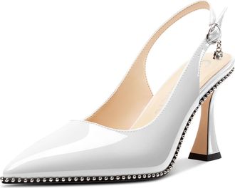Castamere Womens Slingback Kitten Heel Close Pointed Toe Pumps Court Shoe Chunky Wedding Party Dress Shoes 9 CM Heels White 6.5 UK