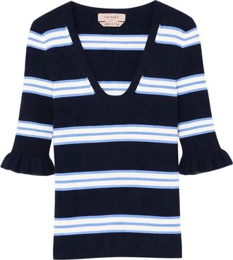 Twinset Gestreepte Top - Dames - Ronde hals truien - Blauw - XL - Polyester - Truien & Vesten