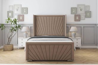 Sloomy Rutherford Plush Frame-Mattress-50 Upholstered Wingback Headboard in Taupe | Size: Double