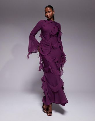 Asos Vestito lungo a maniche lunghe viola drappeggiato con bordi grezzi e volant