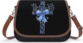 Generic Crosses Blue Ribbon Crossbody Bag Womens Handbag PU Message Bags Shoulder Purse with Adjustable Strap