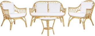 Beliani Conjunto De Sof&aacute; De Jard&iacute;n De 4 Plazas Sof&aacute; De Rat&aacute;n Natural 2 Sillones Mesa De Centro Redonda Tablero De Cristal Sibari
