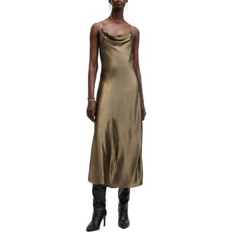 AllSaints Hadley Metallic Satin Slipdress in Metallic Gold at Nordstrom Rack, Size 12 Us / 16 Uk