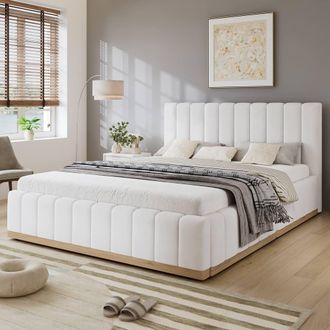 Matteo Upholstered Double Bed Frame with Soft PU Headboard, 4ft6, Beige