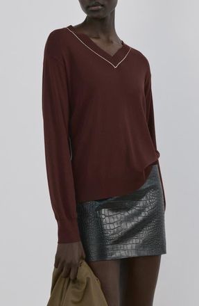 Mango Bert Jersey V-Neck Sweater in Chocolate at Nordstrom, Size X-Large