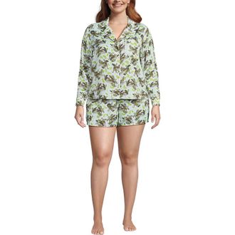 Lands End Plus Size Matte Satin 2 Piece Pajama Set - Long Sleeve Top and Shorts in White Leopards at Nordstrom, Size 1 X