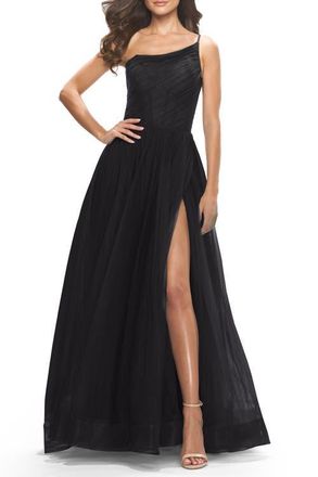 La Femme One Shoulder A-Line Tulle Gown with Sheer Bodice in Black at Nordstrom, Size 14