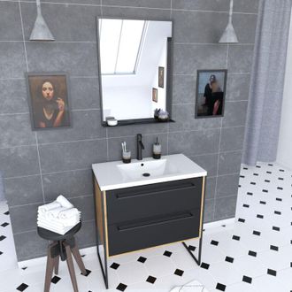 Aurlane Aurlane - Mueble De Ba&ntilde;o 80x50cm - Lavabo Blanco 80x50cm - Cajones Negro + Espejo