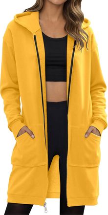Generic Hoodies For Women Longline Solid Thin Fleece Hoody Jackets Full Zip Up Ladies Oversized Hooded Sweatshirts Coat With ockets Autunm Winter Spring Suita