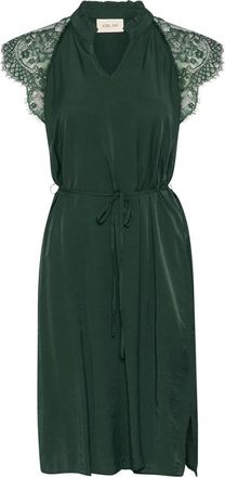 Cream Kanten jurk met V-hals en tailleband - Dames - Korte kleedjes - Groen - L - Kleedjes