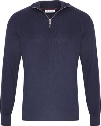 Brunello Cucinelli Katoenen ribgebreide trui met raglan mouwen en halve rits - Blauw