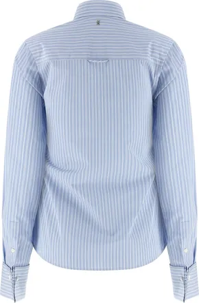 Ami Striped Cotton Poplin with Ruffled Jabot Shirt - Light Blue