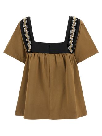Prada Embroidered Velvet-Trim Blouse - Brown