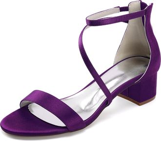 Generic Low Heels Satin Bridal Shoes Womens Block Heels Wedding Shoes Open Toe Ankle Strap Heels Sandals 4.5Cm,Dark Purple,10 UK