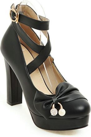 Generic Womens Bow & Pearl Platform Heels Lolita Shoes Cross Ankle Strap Block Heel Party Pumps,Black,5.5 UK