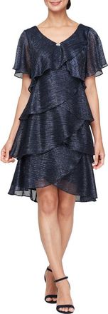 S.L. Fashions Tiered Shimmer Metallic Flutter Sleeve Dress in Navy at Nordstrom, Size 16