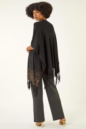 Roman Tassel Embellished Trim Knit Poncho