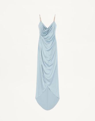 Valentino Long Dress In Embroidered Cady Satin Woman AZURE/SILVER 38