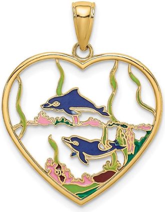 Diamond2Deal 14k Yellow Gold Enamel Dolphins In Heart Charm