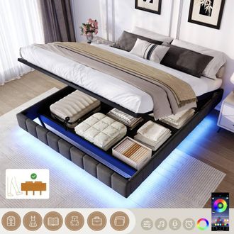 Matteo Double Floating Bed Frame - Grey Linen, Hydraulic Storage