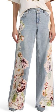 Alice & Olivia Amazing Floral Appliqu&eacute; Baggy Jeans in Sierra Vintage/Multi at Nordstrom, Size 32