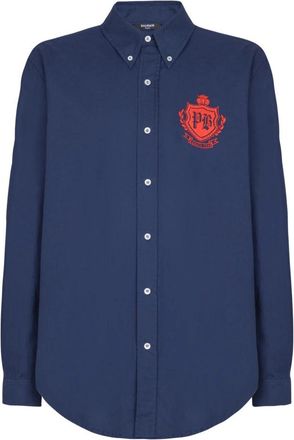 Balmain College Emblem shirt van Oxford-katoen - Heren - Casual Overhemden - Blauw - 3XS - Katoen - Overhemden