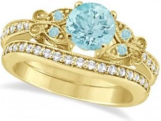 Allurez Preset Butterfly Aquamarine & Diamond Bridal Set 14k Yellow Gold 1.45ct