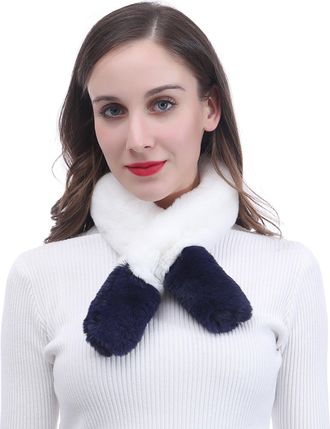 Lina & Lily Bi Colours Faux Fur Pull-through Winter Neck Scarf Lightweight (White+Blue)